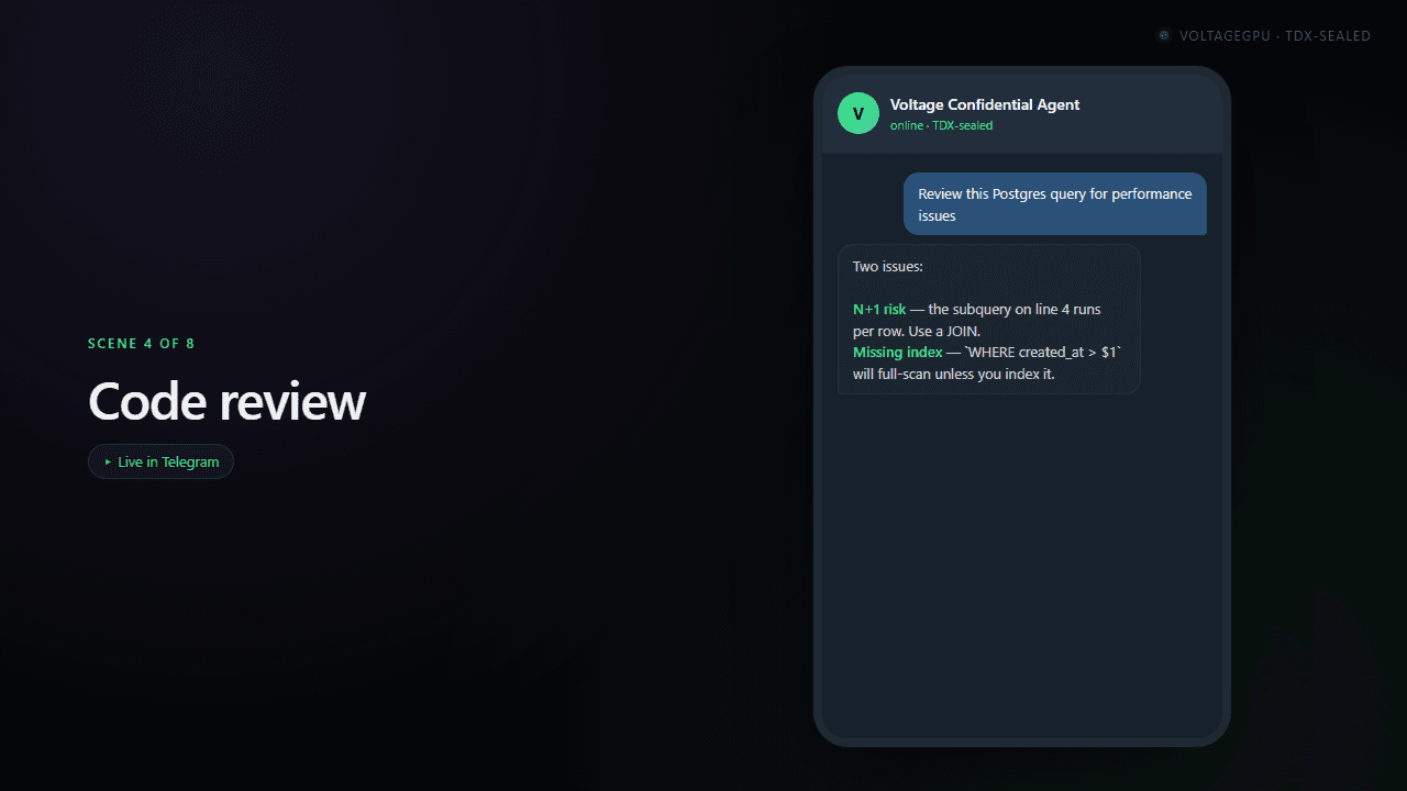Code review & generation — Telegram chat example