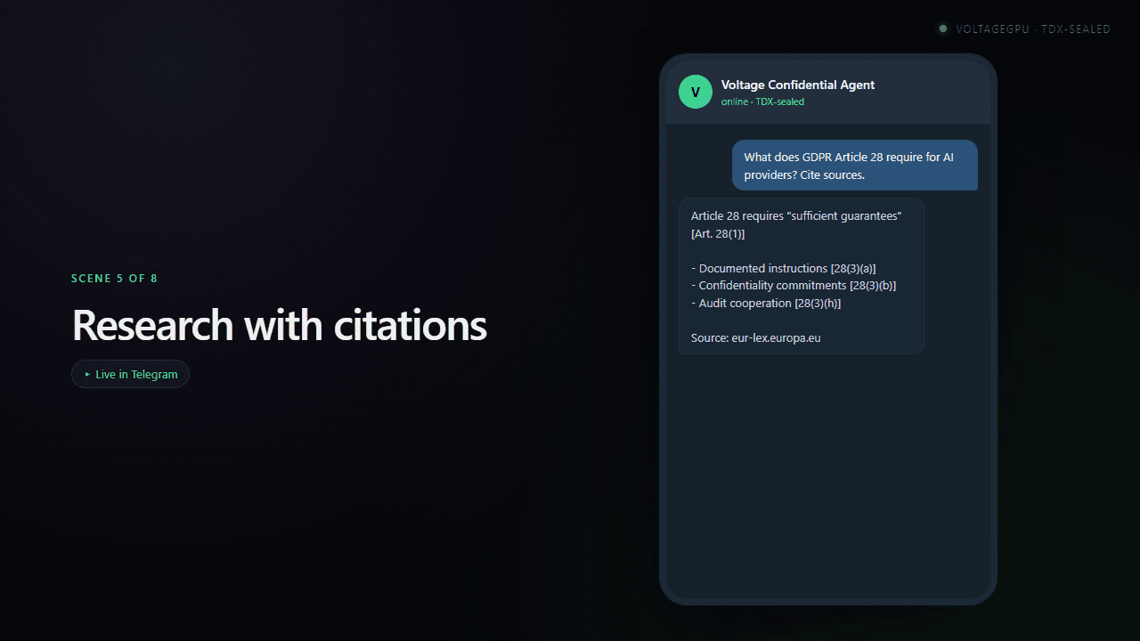 Research with citations — Telegram chat example
